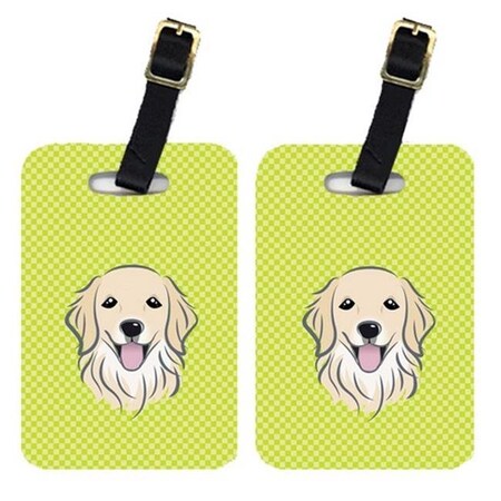 Carolines Treasures Carolines Treasures BB1267BT Pair Of Checkerboard Lime Green Golden Retriever Luggage Tags BB1267BT